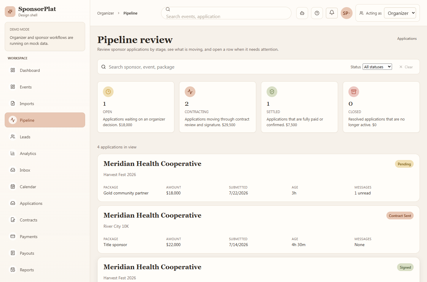 Actual SponsorPlat pipeline interface in demo mode using synthetic event, company, and payment data
